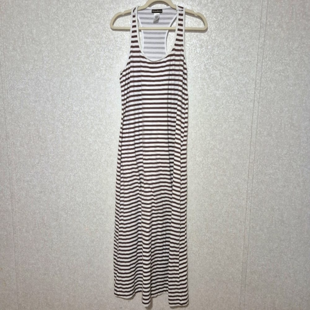 TOMMY BAHAMA BROWN AND WHITE STRIPES  SLEEVELESS MAXI DRESS..SIZE:M